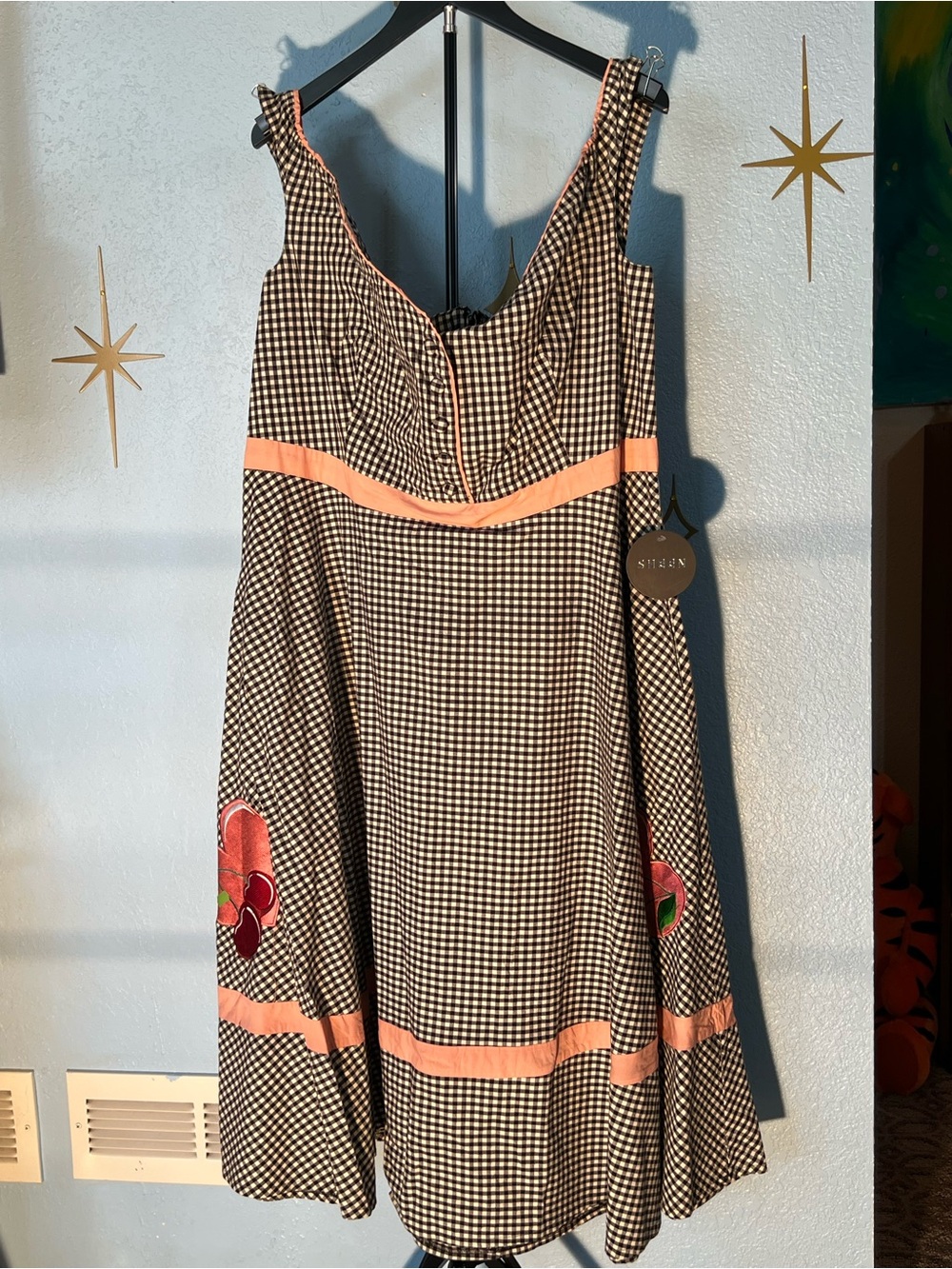 Sweet Unique Vintage dress with heart and cherries appliqués.